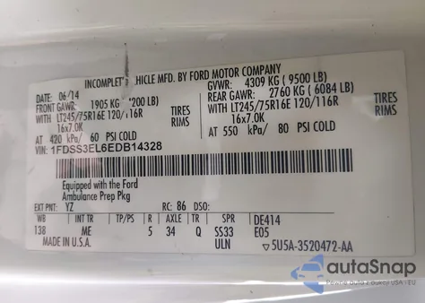 2014 Ford E-350 Super Duty Commercial z USA, uszkodzony, nr VIN 1FDSS3EL6EDB14328